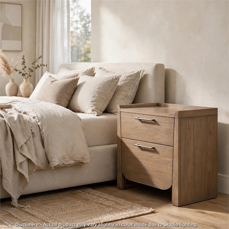 Rex Nightstand- 2 Drawers- Tray Top- Curved Bottom- Brown Hickory Veneer