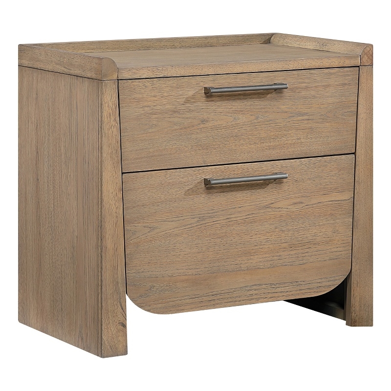 Rex Nightstand- 2 Drawers- Tray Top- Curved Bottom- Brown Hickory Veneer