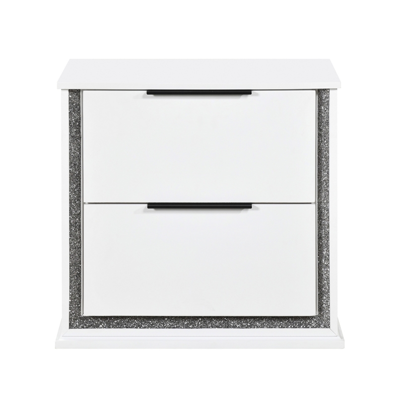 Luma Nightstand w LED- 2 Drawers- Metallic Silver-Gray Trim- White Wood