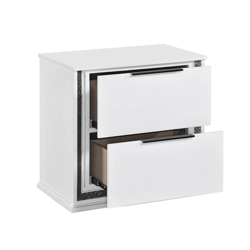 Luma Nightstand w LED- 2 Drawers- Metallic Silver-Gray Trim- White Wood