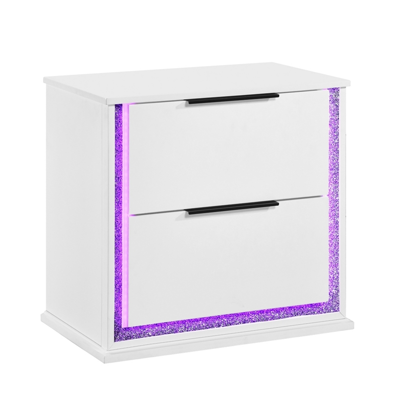Luma Nightstand w LED- 2 Drawers- Metallic Silver-Gray Trim- White Wood