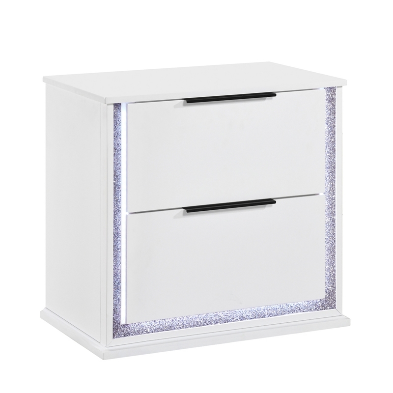 Luma Nightstand w LED- 2 Drawers- Metallic Silver-Gray Trim- White Wood