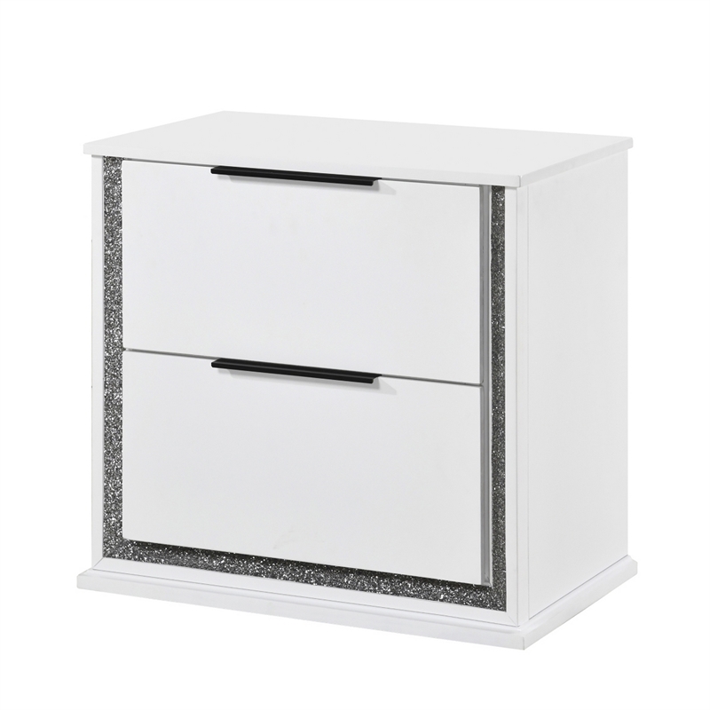 Luma Nightstand w LED- 2 Drawers- Metallic Silver-Gray Trim- White Wood