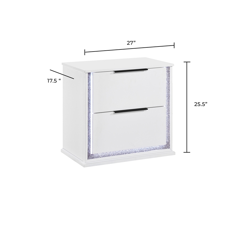 Luma Nightstand w LED- 2 Drawers- Metallic Silver-Gray Trim- White Wood