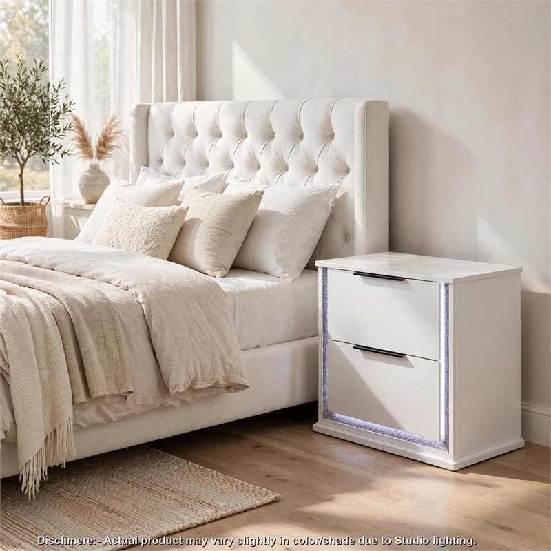 Luma Nightstand w LED- 2 Drawers- Metallic Silver-Gray Trim- White Wood
