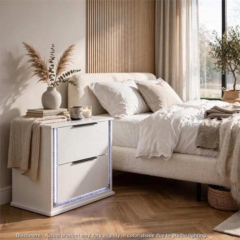 Luma Nightstand w LED- 2 Drawers- Metallic Silver-Gray Trim- White Wood