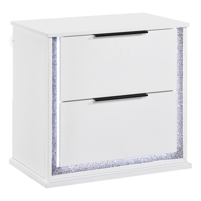 Luma Nightstand w LED- 2 Drawers- Metallic Silver-Gray Trim- White Wood