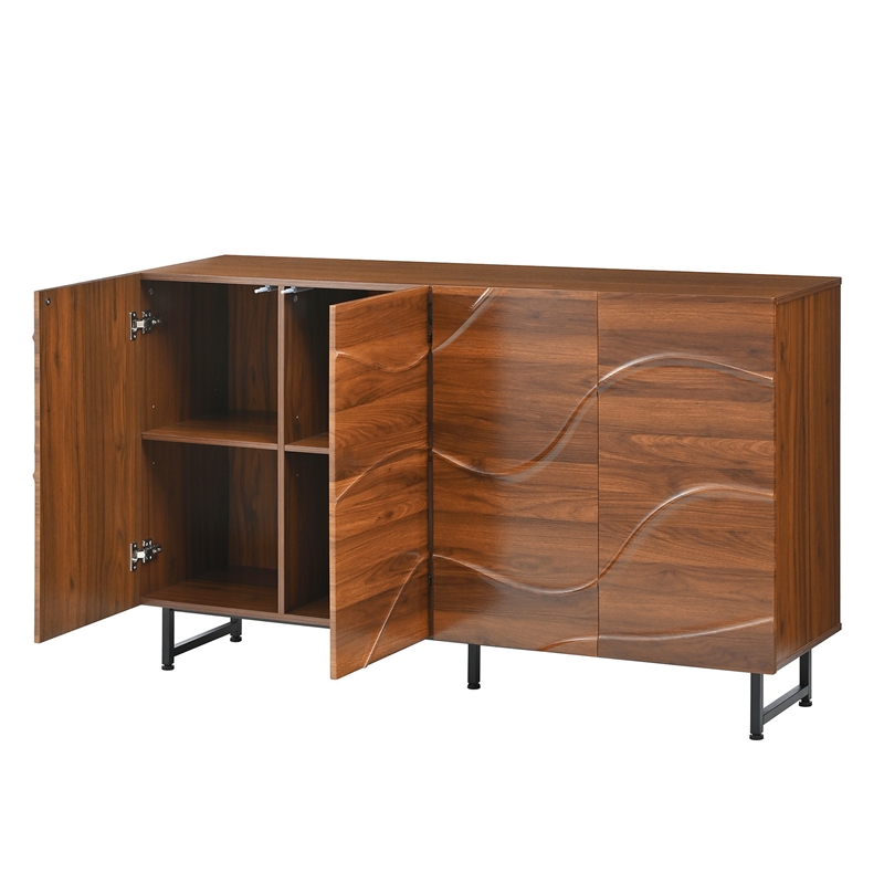 Lewis Wave Design Sideboard Cabinet- Adjustable Shelf- Walnut- 59 Inch