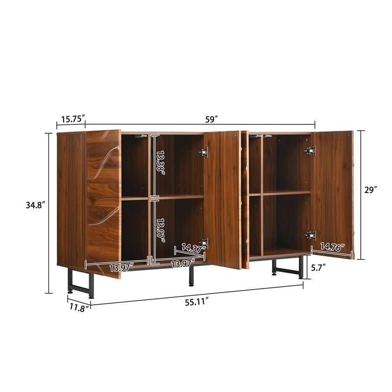 Lewis Wave Design Sideboard Cabinet- Adjustable Shelf- Walnut- 59 Inch