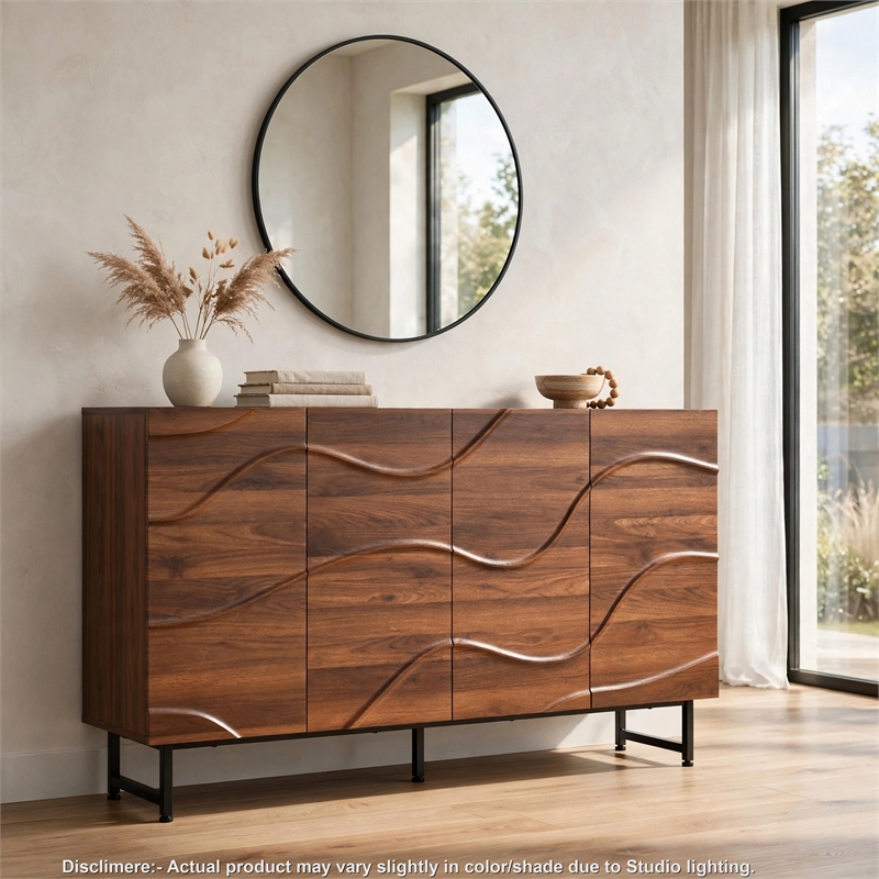 Lewis Wave Design Sideboard Cabinet- Adjustable Shelf- Walnut- 59 Inch