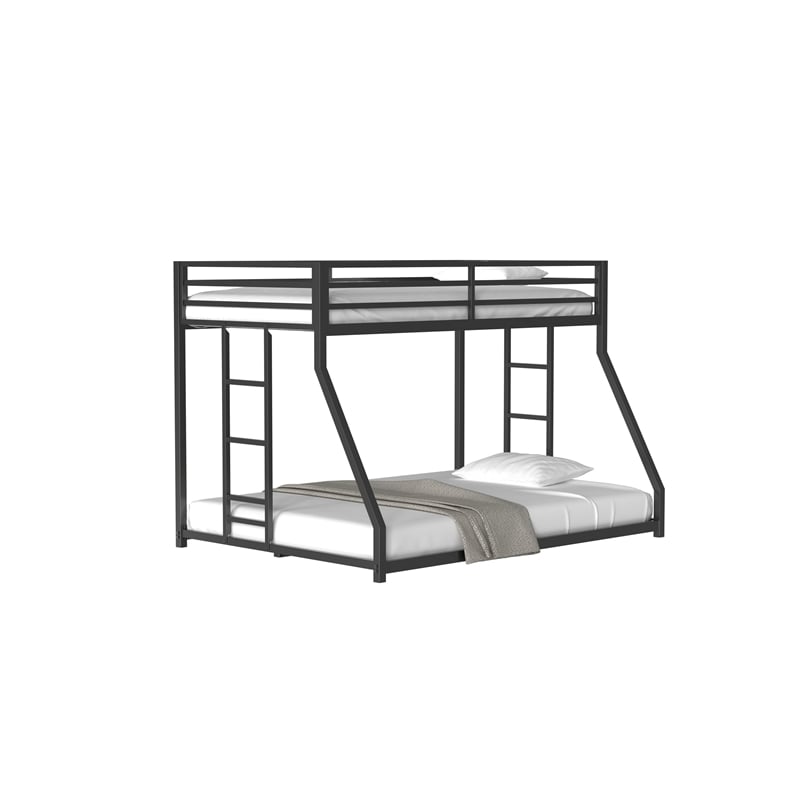 Ady Twin Over Full Bunk Bed- Ladder and Guardrails- Black Metal Frame