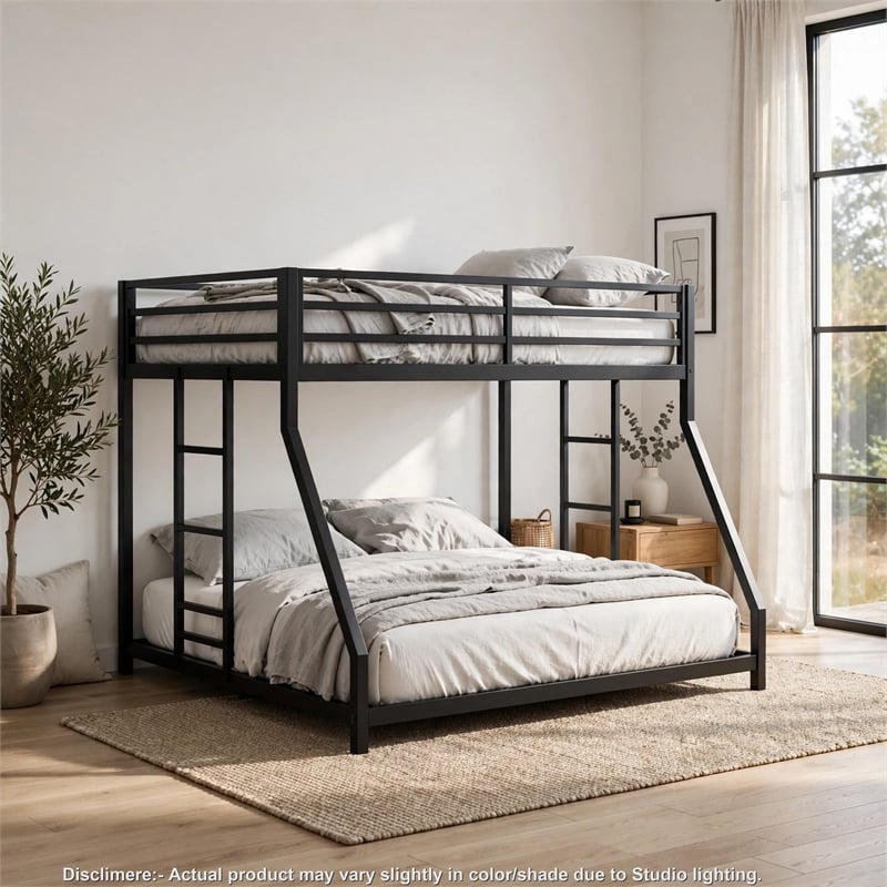 Ady Twin Over Full Bunk Bed- Ladder and Guardrails- Black Metal Frame