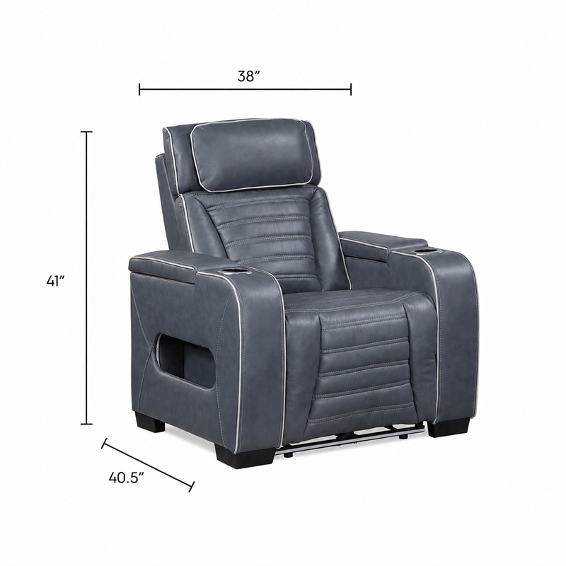 Cyrus Power Recliner- Headrest- Heat Massage- USB Ports- LED- Blue Leather