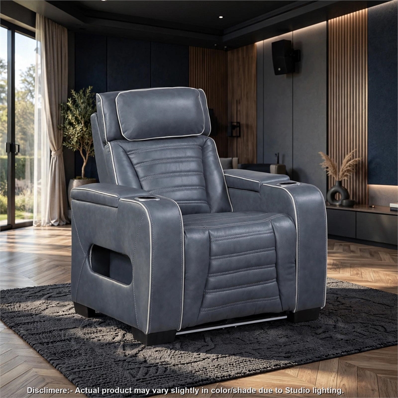 Cyrus Power Recliner- Headrest- Heat Massage- USB Ports- LED- Blue Leather