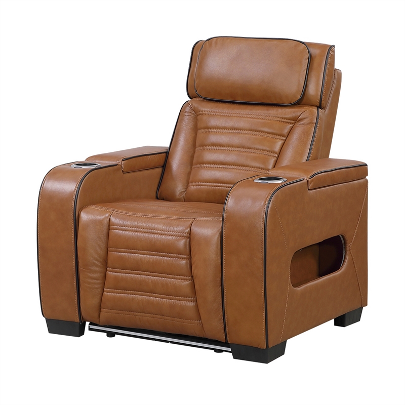 Cyrus Power Recliner w Headrest- Heat Massage-USB Ports-LED- Brown Leather