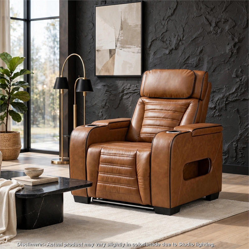 Cyrus Power Recliner w Headrest- Heat Massage-USB Ports-LED- Brown Leather