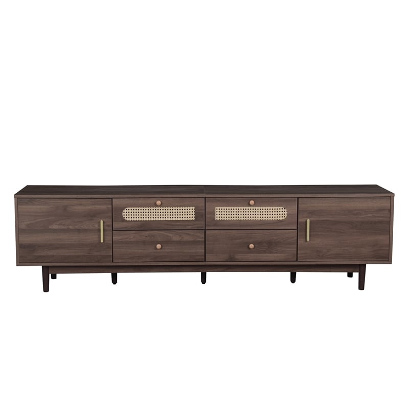 TV Media Cabinet- 4 Doors- 2 Drawers- Rattan Accents- Dark Brown 77 Inch