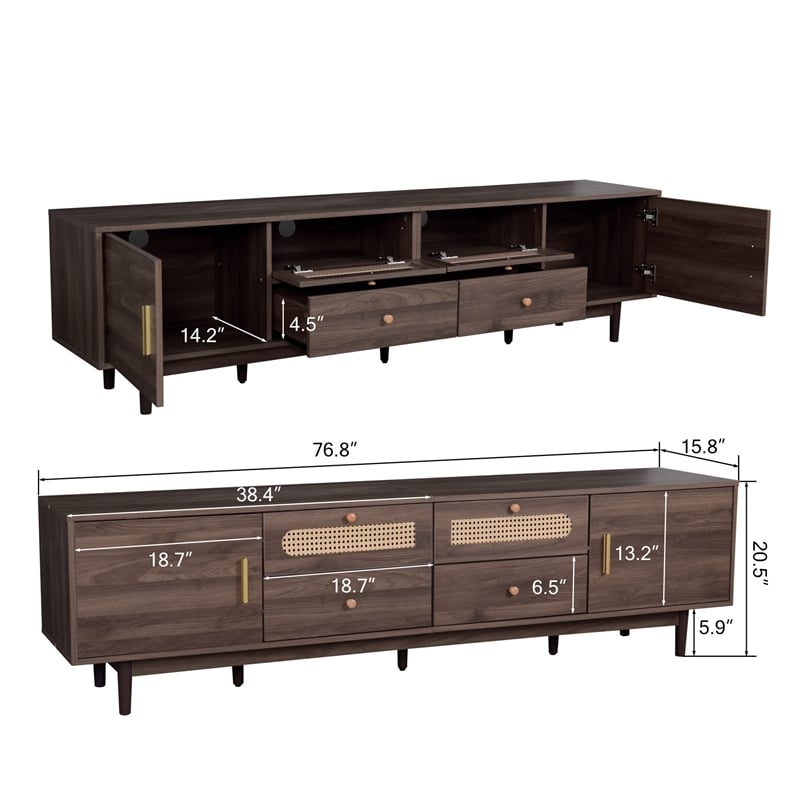 TV Media Cabinet- 4 Doors- 2 Drawers- Rattan Accents- Dark Brown 77 Inch