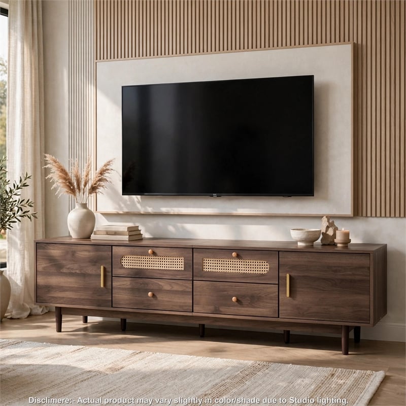 TV Media Cabinet- 4 Doors- 2 Drawers- Rattan Accents- Dark Brown 77 Inch