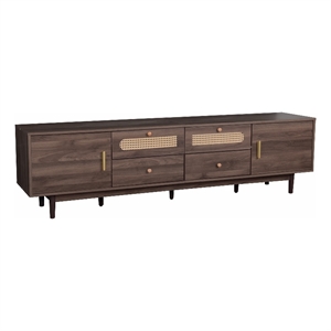 TV Media Cabinet- 4 Doors- 2 Drawers- Rattan Accents- Dark Brown 77 Inch
