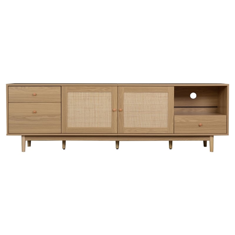 TV Media Cabinet- 2 Rattan Doors- 3 Drawers- 1 Shelf- Natural Brown 77 Inch