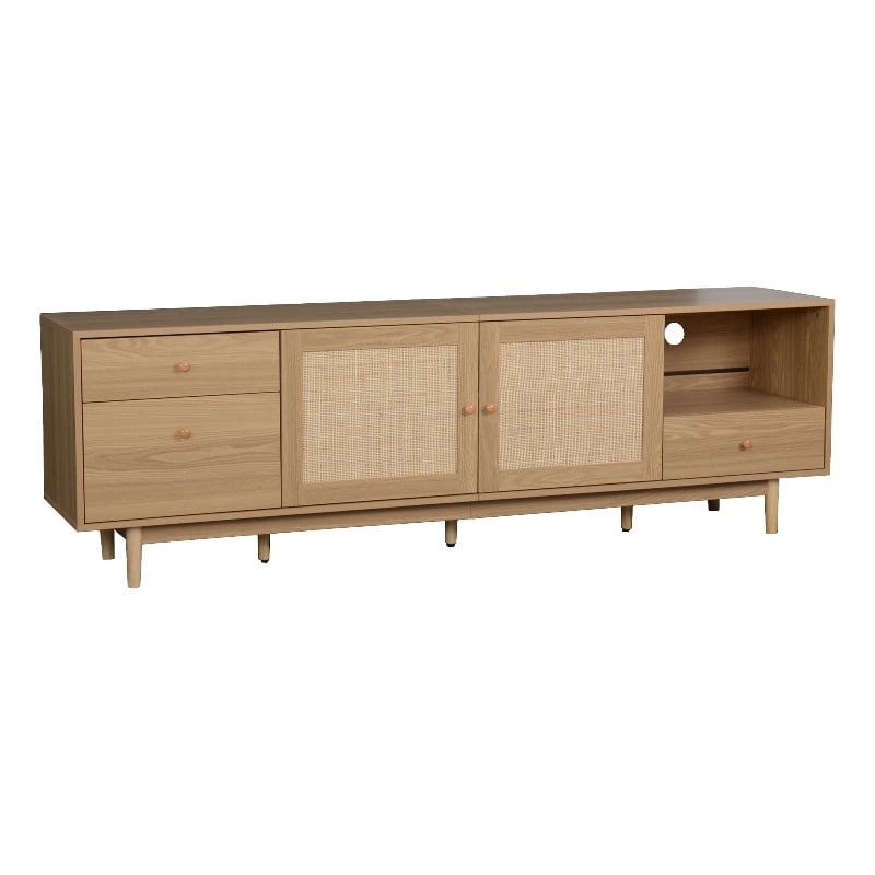 TV Media Cabinet- 2 Rattan Doors- 3 Drawers- 1 Shelf- Natural Brown 77 Inch