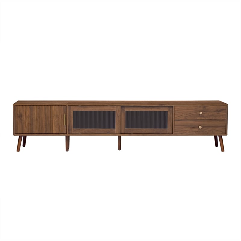 TV Media Cabinet- Glass Sliding Doors- 2 Drawers- Natural Brown- 77 Inch