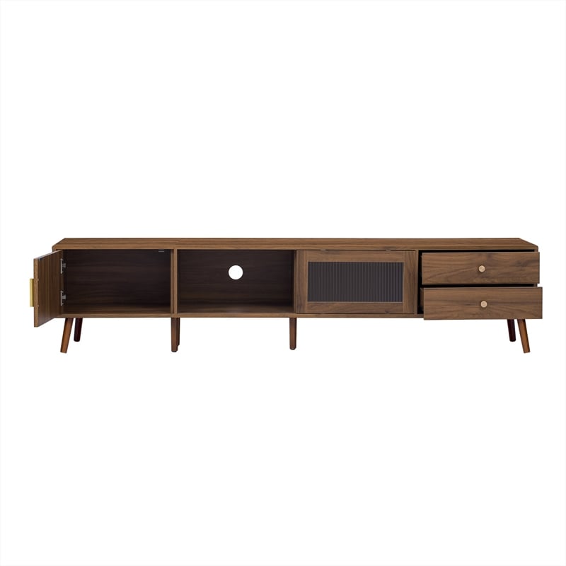 TV Media Cabinet- Glass Sliding Doors- 2 Drawers- Natural Brown- 77 Inch