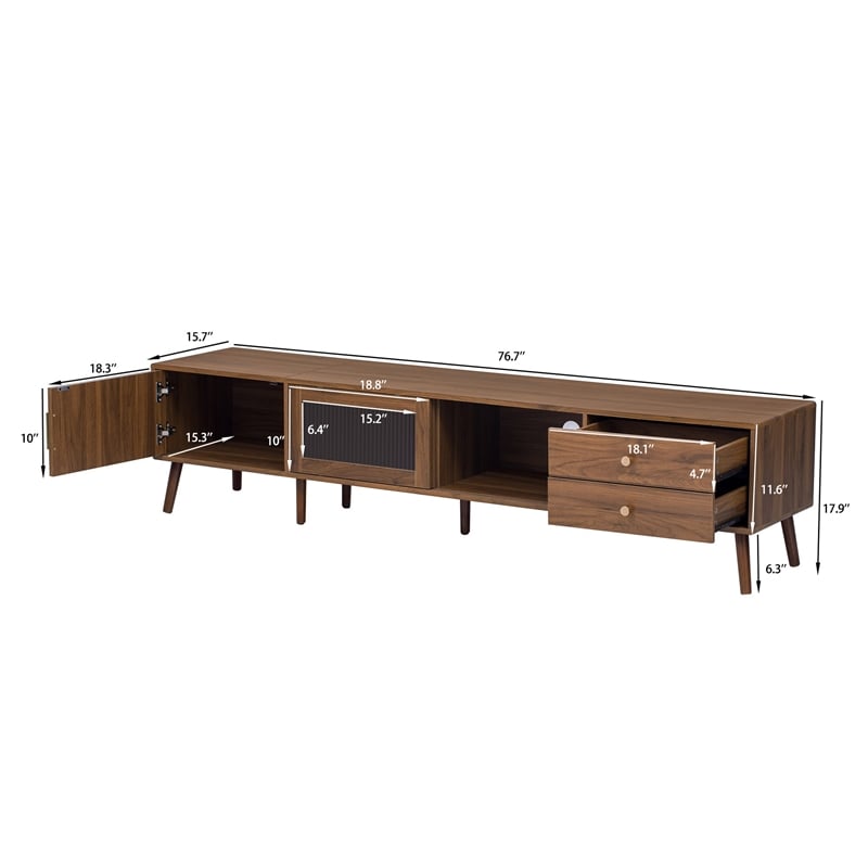 TV Media Cabinet- Glass Sliding Doors- 2 Drawers- Natural Brown- 77 Inch
