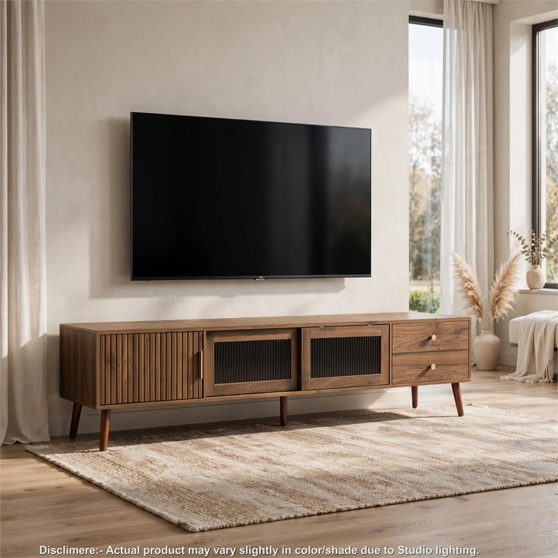 TV Media Cabinet- Glass Sliding Doors- 2 Drawers- Natural Brown- 77 Inch