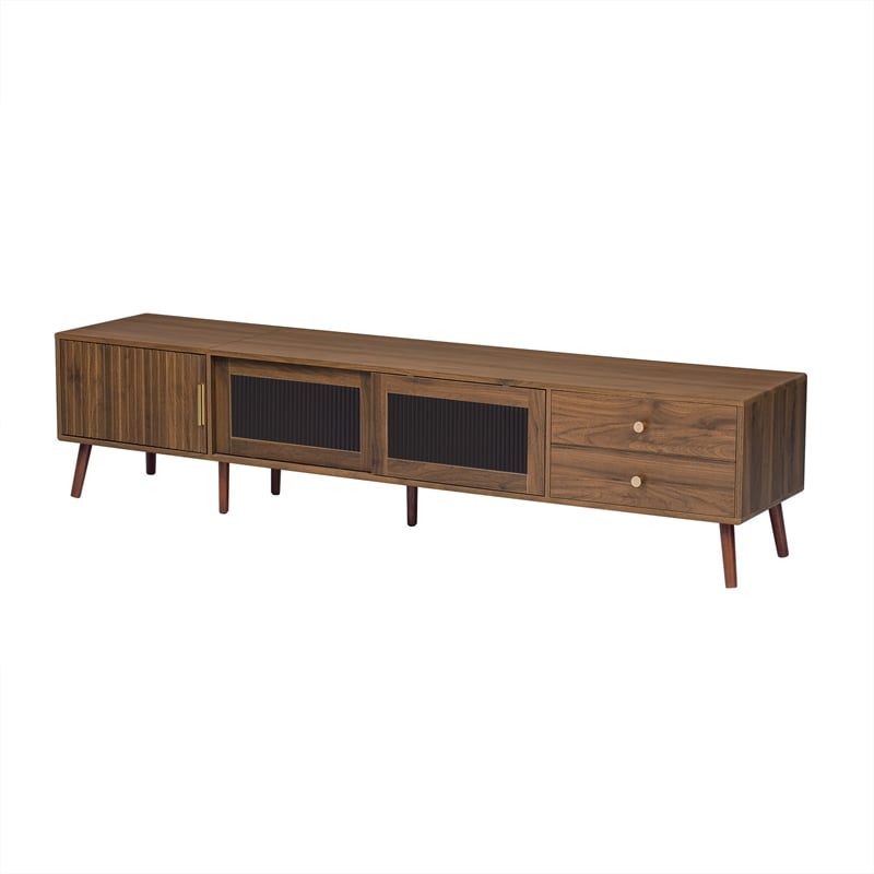 TV Media Cabinet- Glass Sliding Doors- 2 Drawers- Natural Brown- 77 Inch