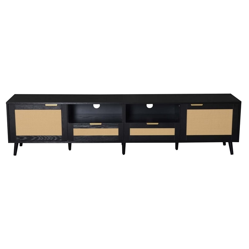Yumi TV Media Cabinet- 2 Rattan Doors w Drawers- 2 Shelves- Black 79 Inch