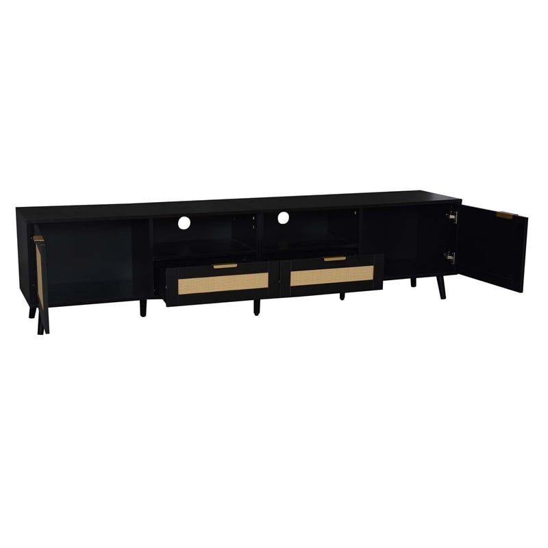 Yumi TV Media Cabinet- 2 Rattan Doors w Drawers- 2 Shelves- Black 79 Inch
