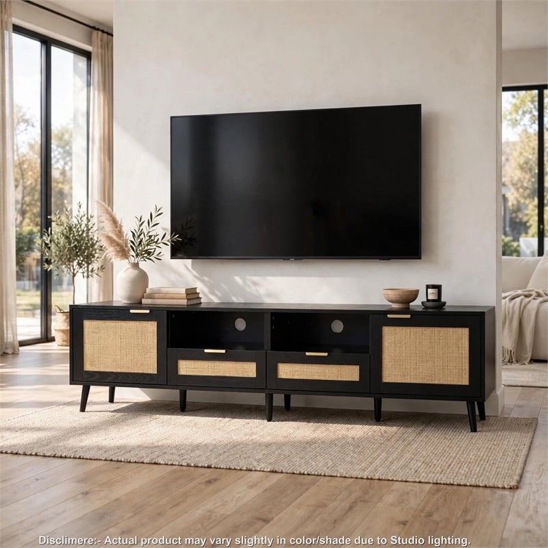 Yumi TV Media Cabinet- 2 Rattan Doors w Drawers- 2 Shelves- Black 79 Inch