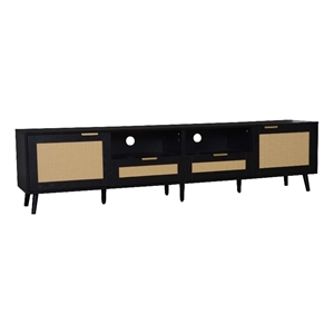 Yumi TV Media Cabinet- 2 Rattan Doors w Drawers- 2 Shelves- Black 79 Inch