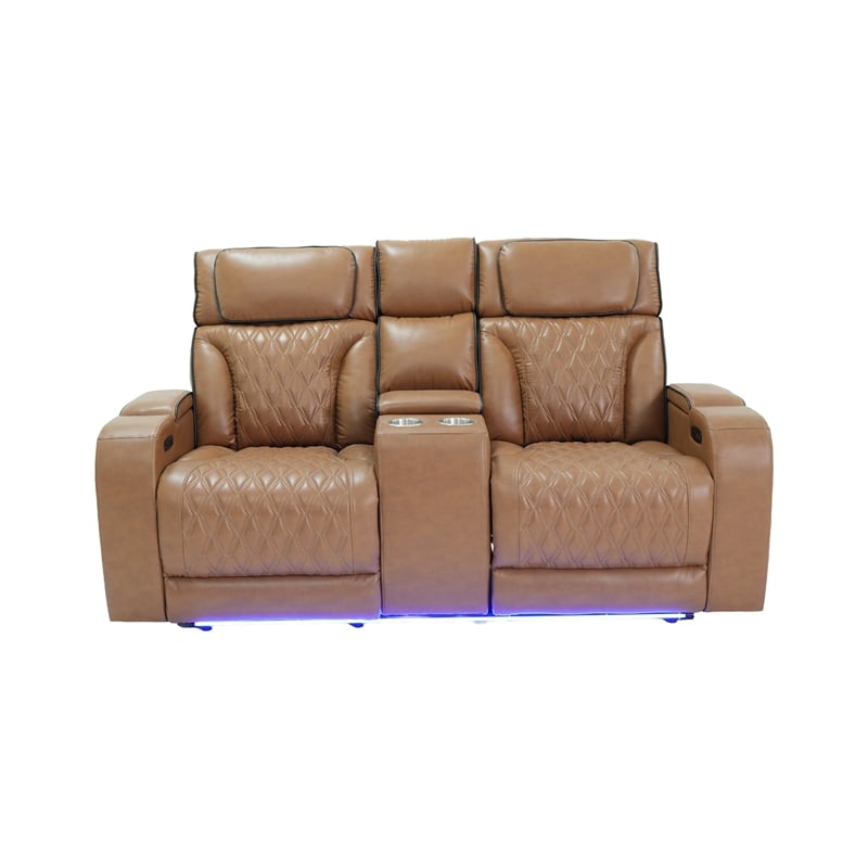 Jasi Power Recliner Loveseat- Bluetooth- USB Ports- Brown Faux-Leather