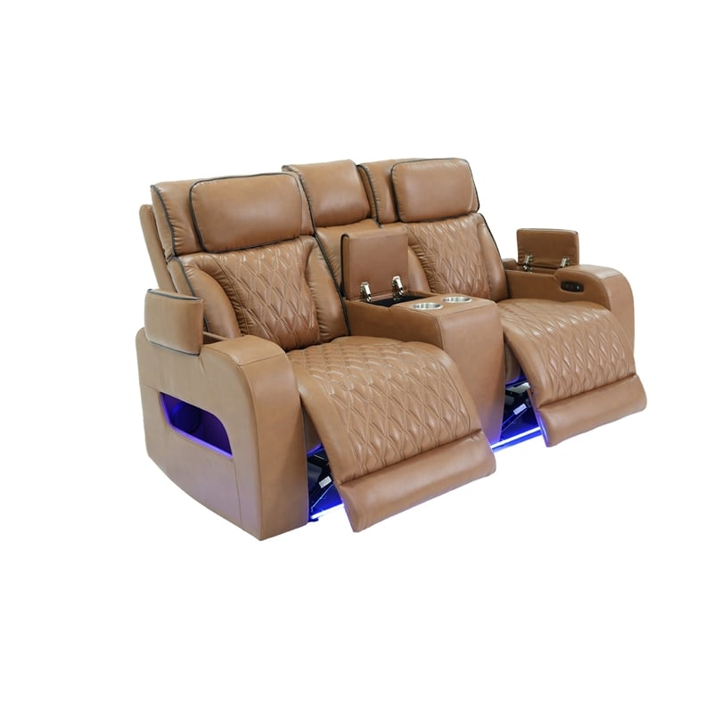 Jasi Power Recliner Loveseat- Bluetooth- USB Ports- Brown Faux-Leather