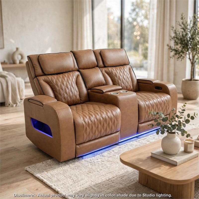 Jasi Power Recliner Loveseat- Bluetooth- USB Ports- Brown Faux-Leather