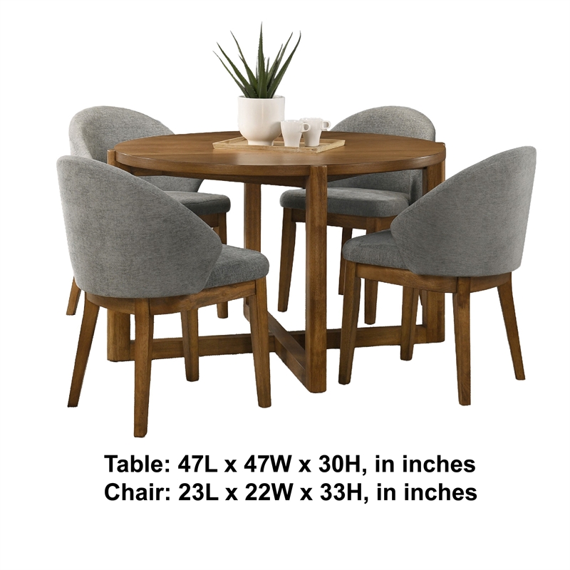 Andy 5pc Dining Table Set- Cross-Sled Base- Gray Fabric Chairs- Brown Wood