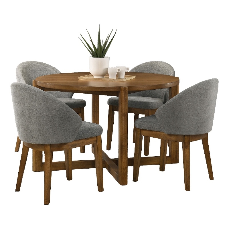 Andy 5pc Dining Table Set- Cross-Sled Base- Gray Fabric Chairs- Brown Wood