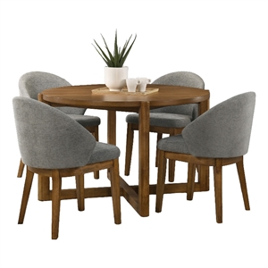 Andy 5pc Dining Table Set- Cross-Sled Base- Gray Fabric Chairs- Brown Wood