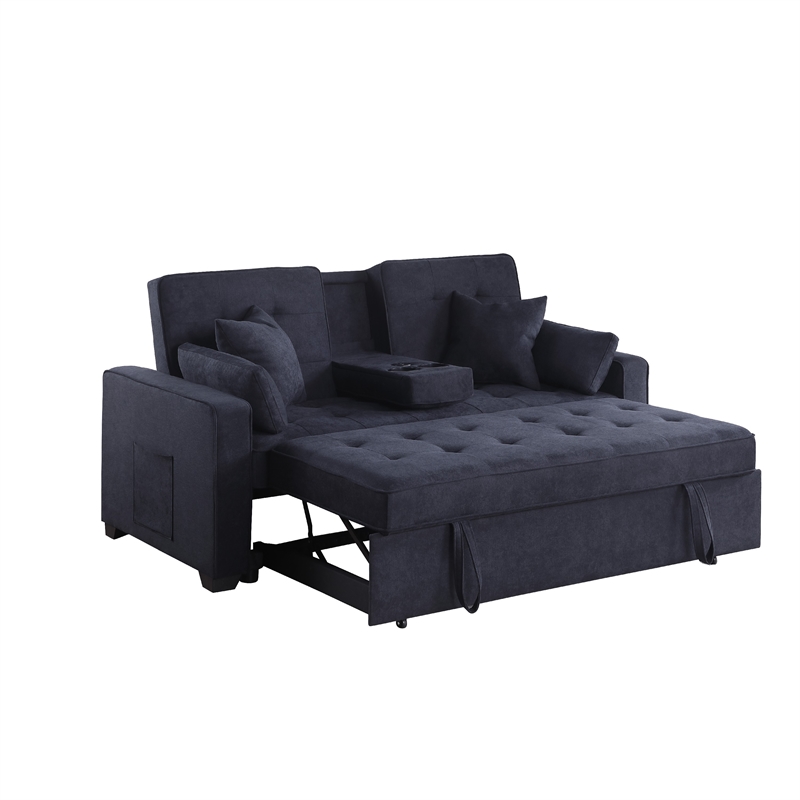 Oli Convertible Sleeper Loveseat- USB- 4 Throw Pillows- Gray Woven Fabric