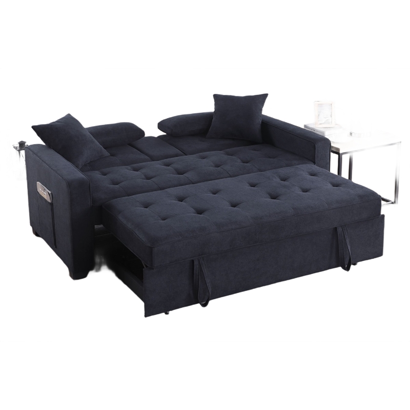 Oli Convertible Sleeper Loveseat- USB- 4 Throw Pillows- Gray Woven Fabric