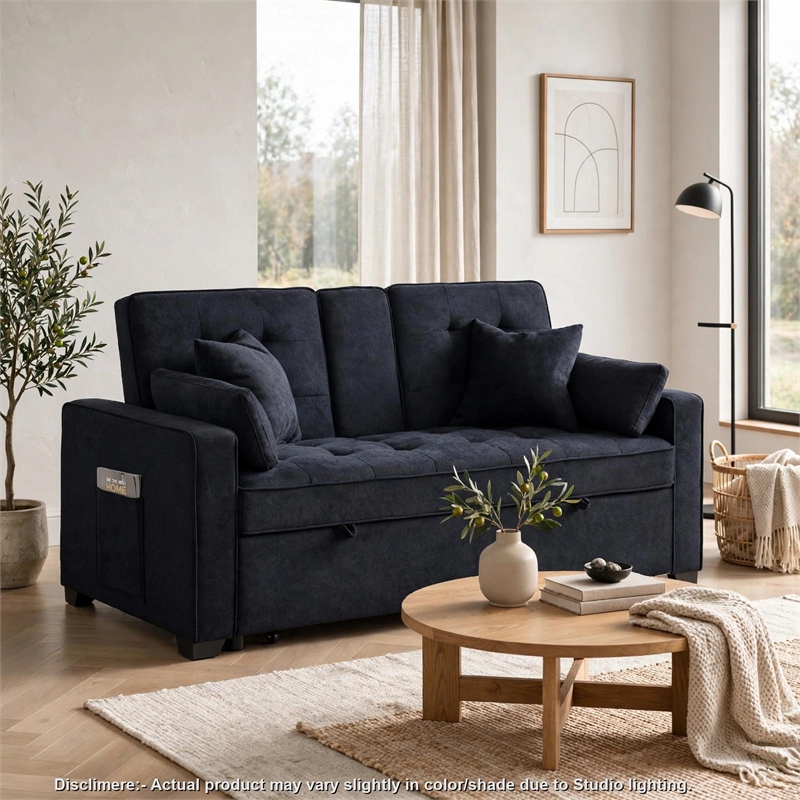 Oli Convertible Sleeper Loveseat- USB- 4 Throw Pillows- Gray Woven Fabric