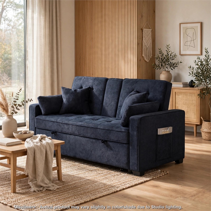 Oli Convertible Sleeper Loveseat- USB- 4 Throw Pillows- Gray Woven Fabric