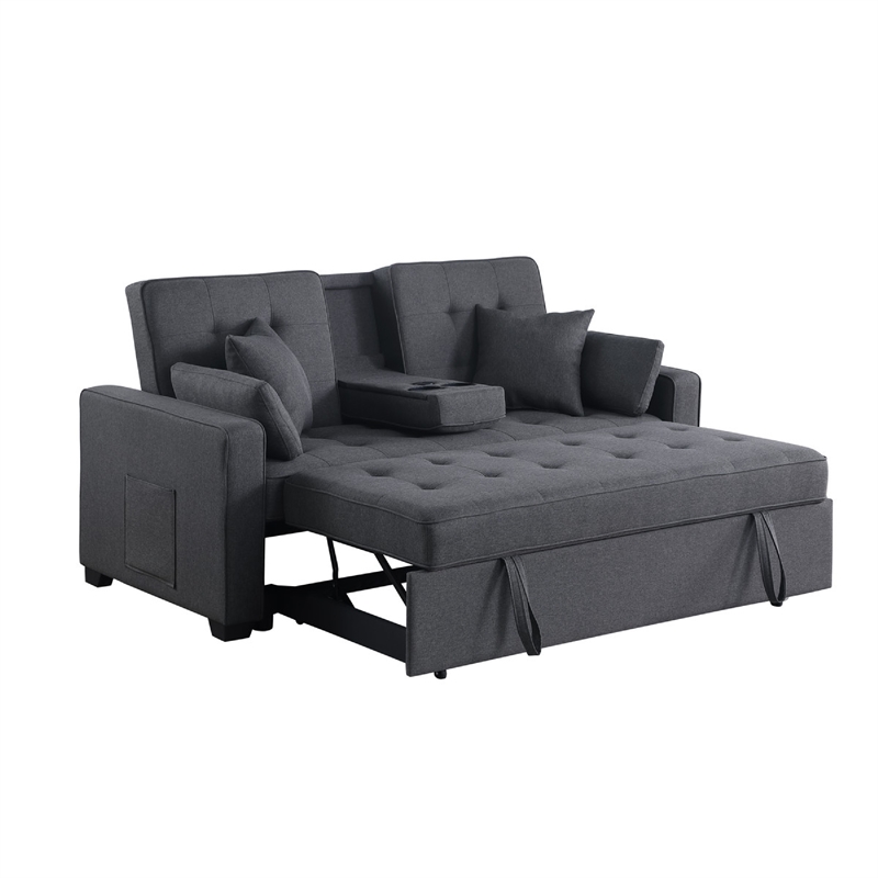Oli Convertible Sleeper Loveseat- USB Ports- 4 Throw Pillows- Gray Linen