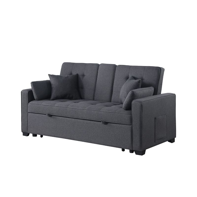 Oli Convertible Sleeper Loveseat- USB Ports- 4 Throw Pillows- Gray Linen