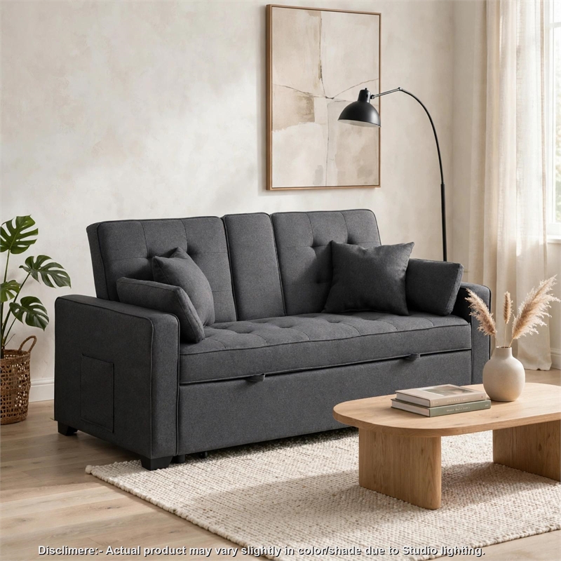 Oli Convertible Sleeper Loveseat- USB Ports- 4 Throw Pillows- Gray Linen