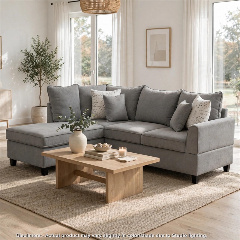 Kyna Sectional Sofa with Storage Ottoman- Throw Pillows- Gray Fabric