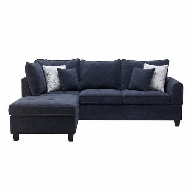 Kyna Sectional Sofa with Storage Ottoman- Throw Pillows- Black Fabric